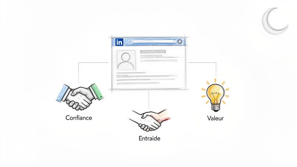 Schéma montrant un profil LinkedIn central, connectant la confiance, l'entraide (poignées de main) et la valeur (ampoule).
