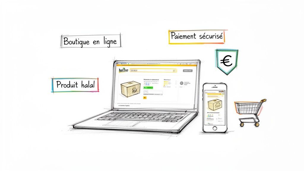 Illustration d'une boutique en ligne sur ordinateur et smartphone, mettant en avant un produit halal et le paiement sécurisé.