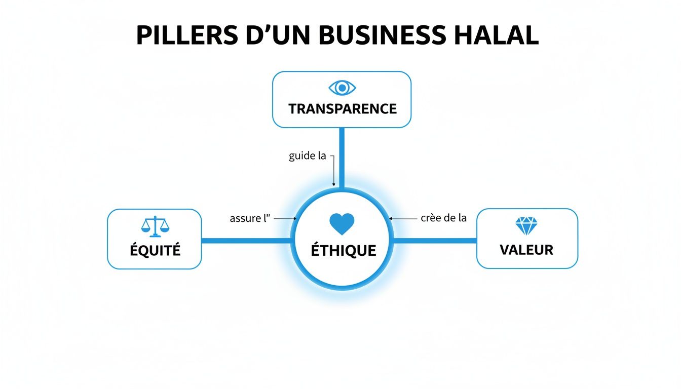 Diagramme illustrant les quatre piliers d'un business halal: éthique, transparence, équité et valeur.