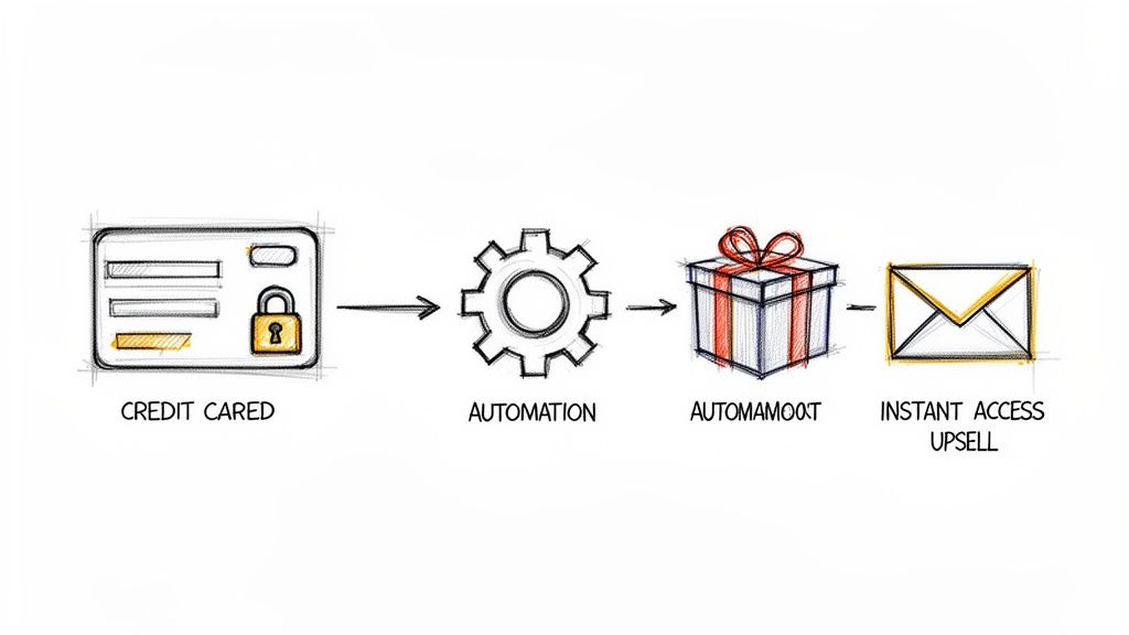 Schéma de flux illustrant un tunnel de vente : carte de crédit, automatisation, cadeau et accès instantané.