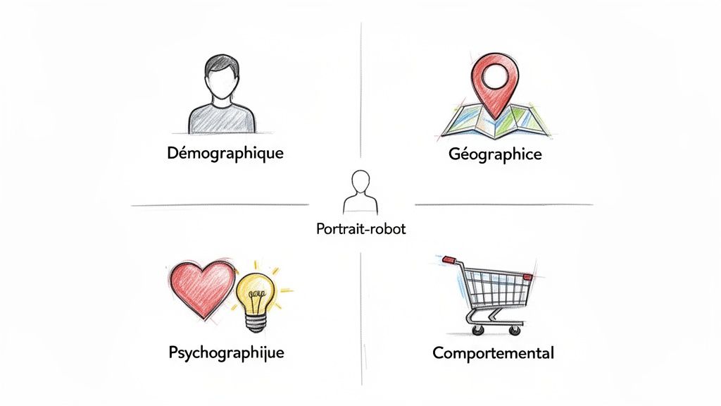Schéma des 4 piliers du portrait-robot client : démographique, géographique, psychographique et comportemental.
