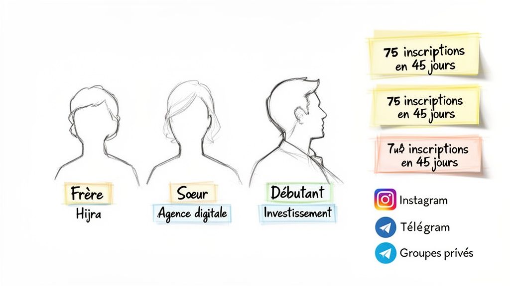 Illustration de trois profils (Frère, Sœur, Débutant) avec leurs objectifs d'inscription et canaux de communication (Instagram, Telegram).