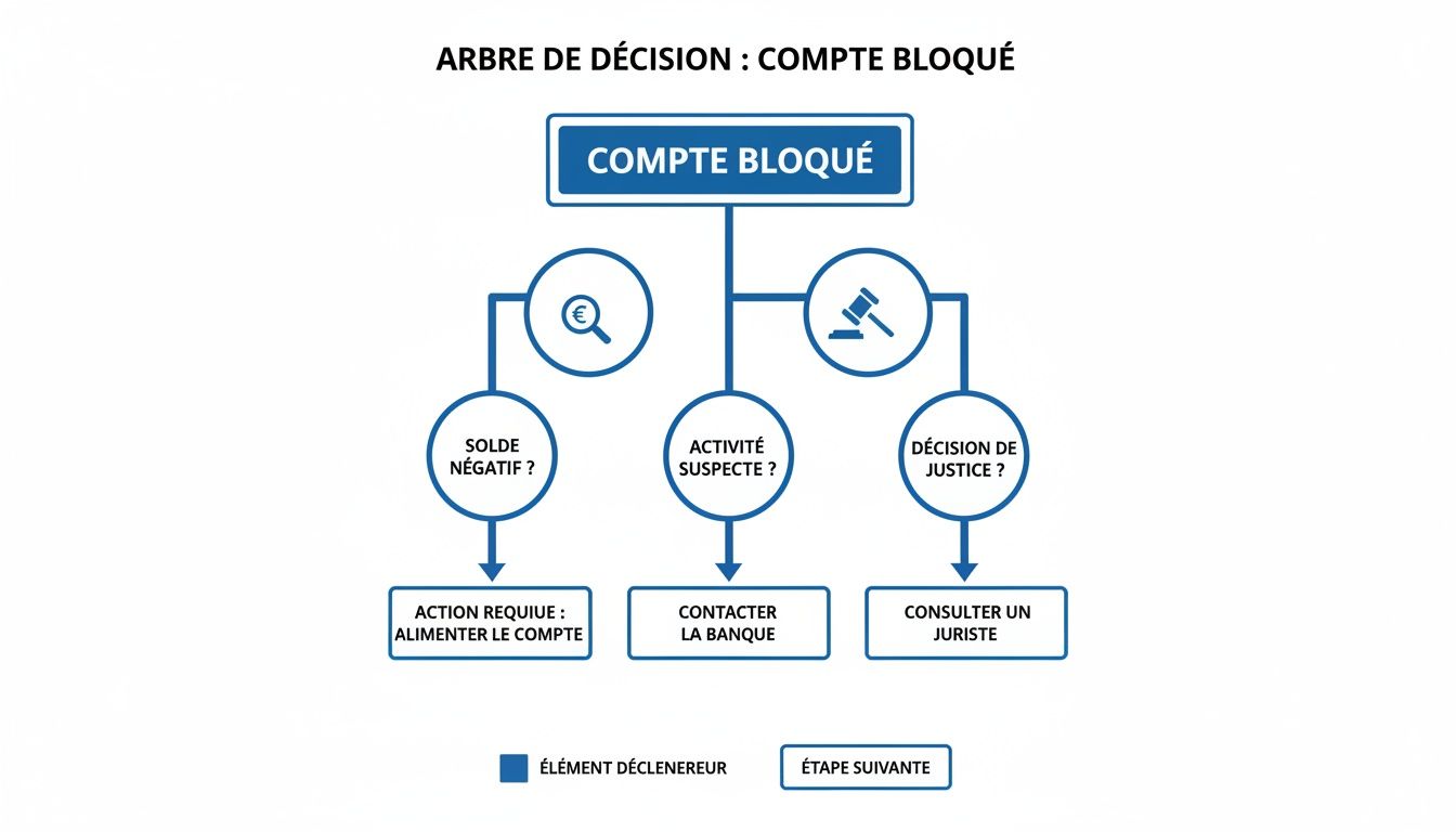 Diagramme de décision expliquant les causes et les actions à prendre pour un compte bancaire bloqué, incluant solde négatif, activité suspecte et décision de justice.