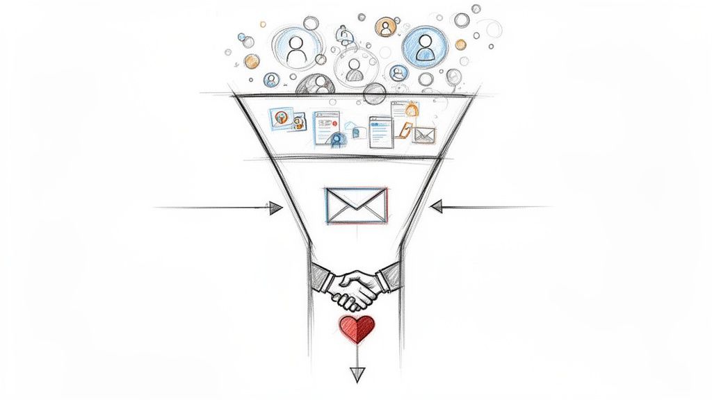 Illustration d'un entonnoir de vente convertissant les prospects en clients fidèles via la communication numérique.