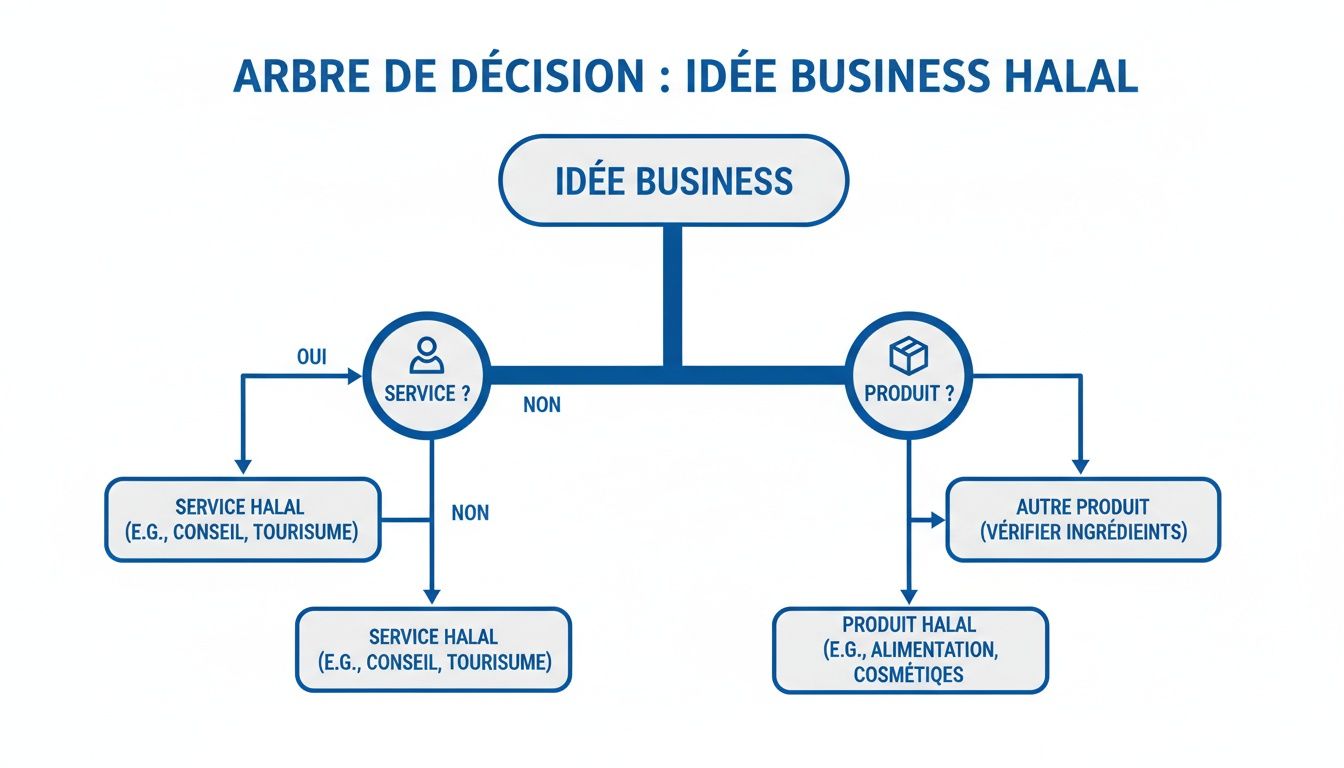 Arbre de décision pour une idée de business Halal, différenciant services et produits.