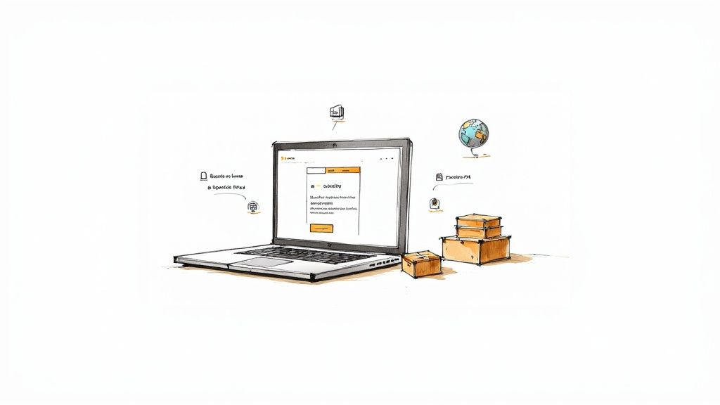 Illustration d'un ordinateur portable affichant une interface d'e-commerce, entouré d'icônes de logistique et de commerce mondial.