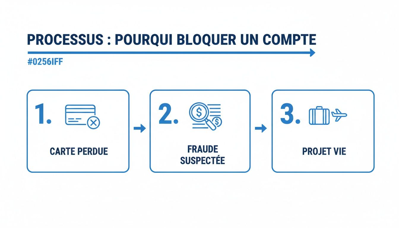 Infographie illustrant les trois raisons principales pour bloquer un compte bancaire : carte perdue, fraude suspectée et projet de vie.