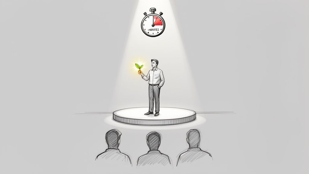 Un homme présente une jeune pousse lumineuse sur scène à un public, sous un chronomètre indiquant le temps imparti.