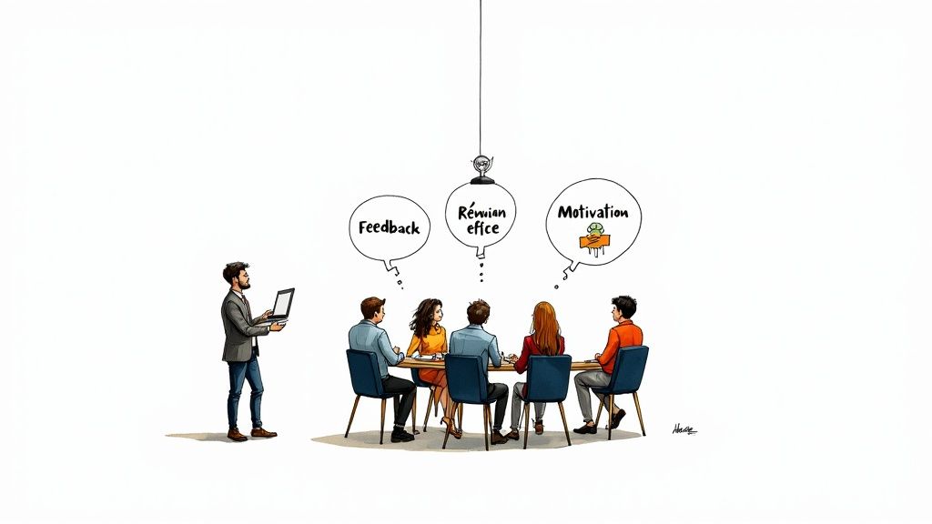 Un manager présente à une équipe autour d'une table, discutant feedback, réunions efficaces et motivation.