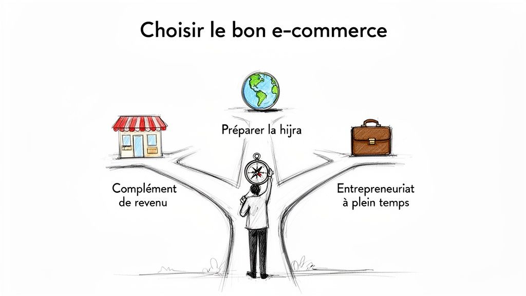 Illustration d'une personne à un carrefour, choisissant entre trois objectifs d'e-commerce : complément de revenu, hijra ou entrepreneuriat.