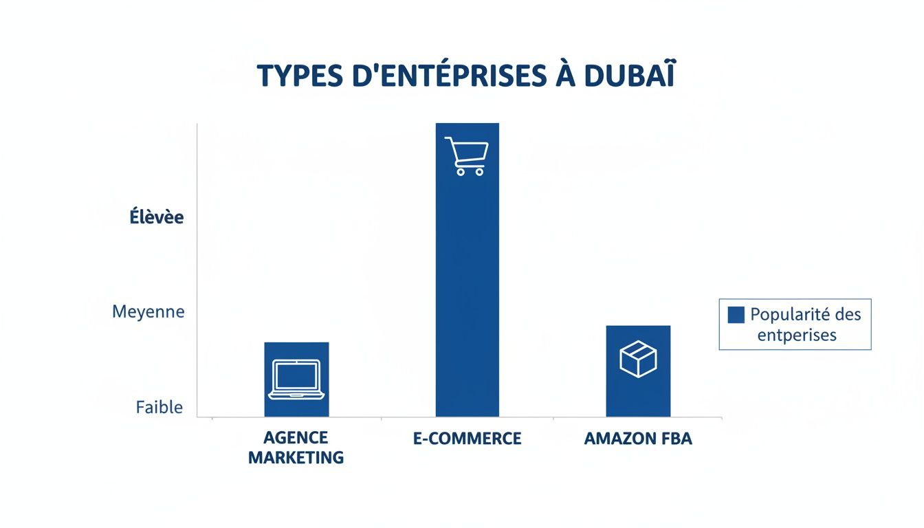 Graphique à barres illustrant la popularité des types d'entreprises à Dubaï : E-commerce, Agence Marketing et Amazon FBA.
