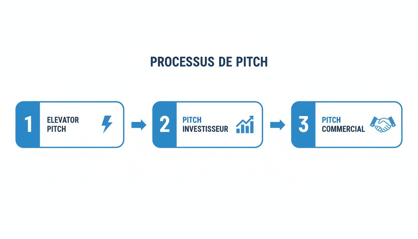 Illustration du processus de pitch en trois étapes : elevator pitch, pitch investisseur et pitch commercial.
