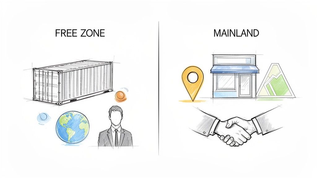 Infographie comparant les modèles d'affaires des zones franches (commerce international, conteneurs) et du continent (magasins, localisation, poignée de main).