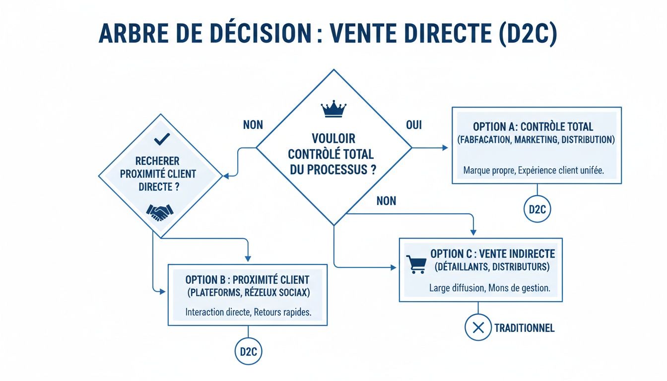 Arbre de décision pour la vente directe (D2C) présentant différentes options de distribution.