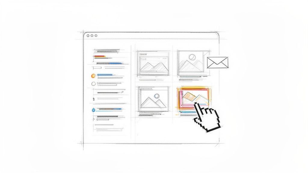 Esquisse de conception d'interface utilisateur numérique montrant des galeries d'images et un curseur sélectionnant un élément.