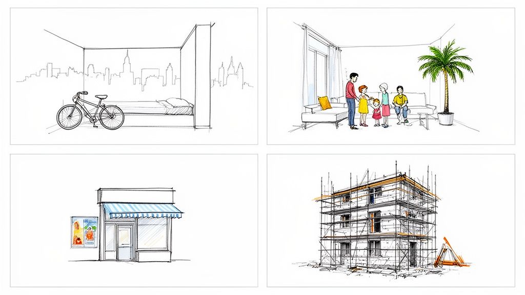 Quatre croquis illustrant des scènes de vie : chambre, famille, magasin et chantier.
