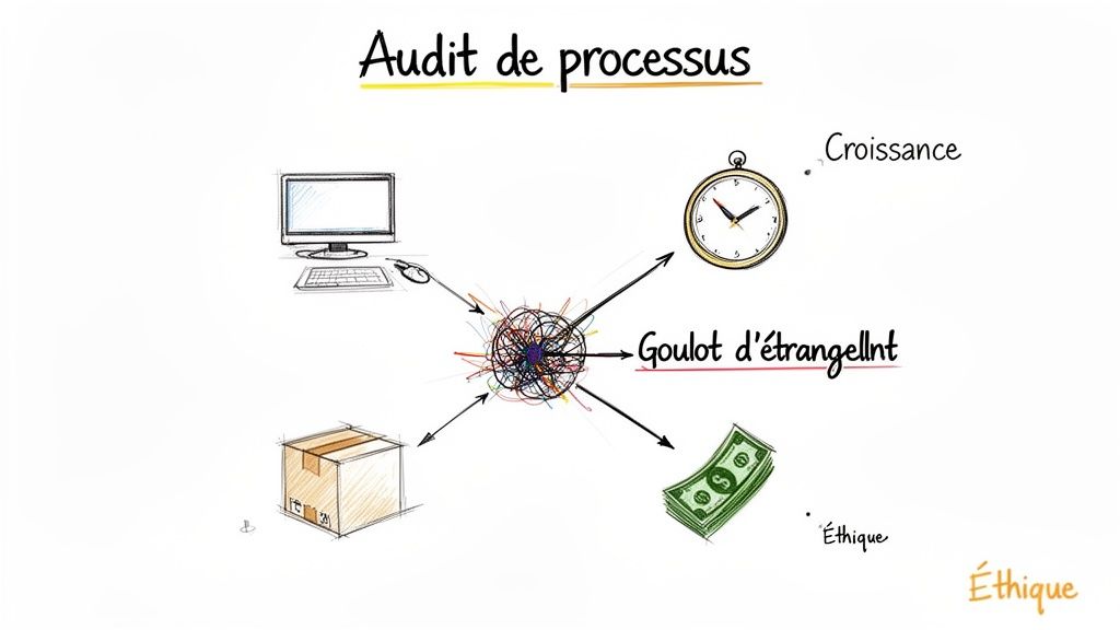 Diagramme visuel d'un audit de processus montrant un goulot d'étranglement impactant l'informatique, la logistique, la croissance et les finances.
