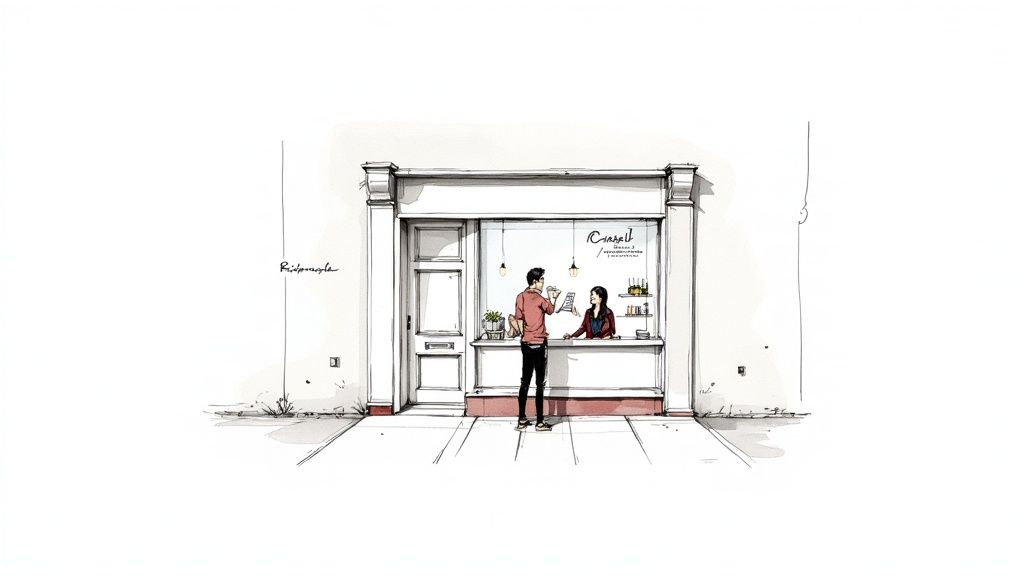 Dessin au trait d'un client commandant dans un petit magasin ou café, avec un vendeur au comptoir.