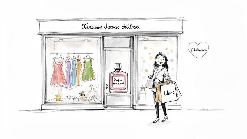Une femme souriante sort d'une boutique de vêtements et de parfums, tenant des sacs de courses, avec le mot « Fidélisation ».