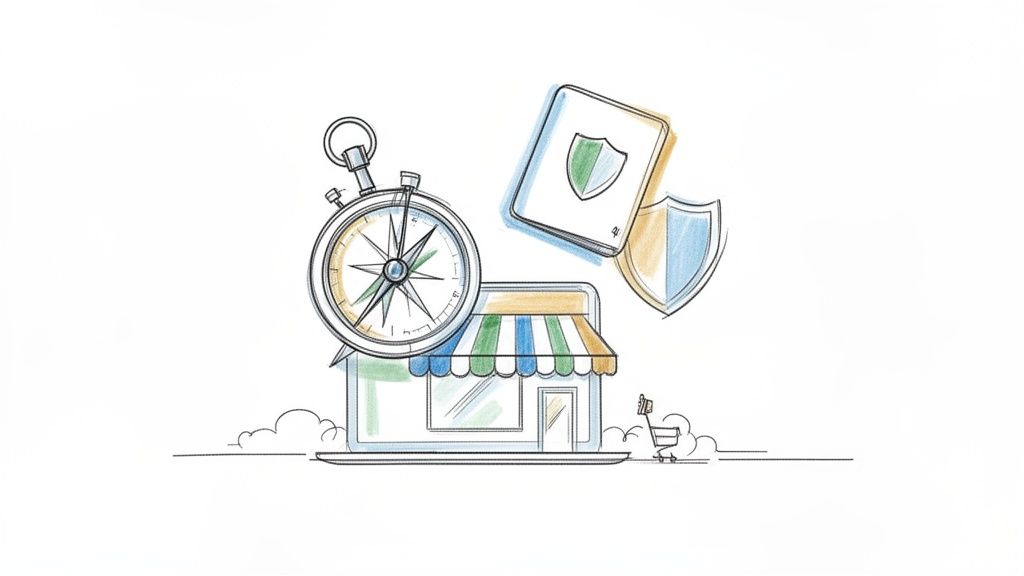 Illustration symbolisant la direction, la sécurité et le commerce électronique avec une boussole, des boucliers et une boutique en ligne.