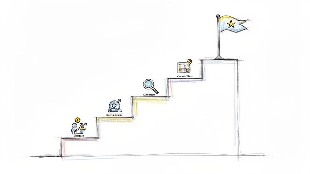Cheminement progressif en escalier vers un objectif, illustrant les étapes de soumission, d'interaction et de connexion.