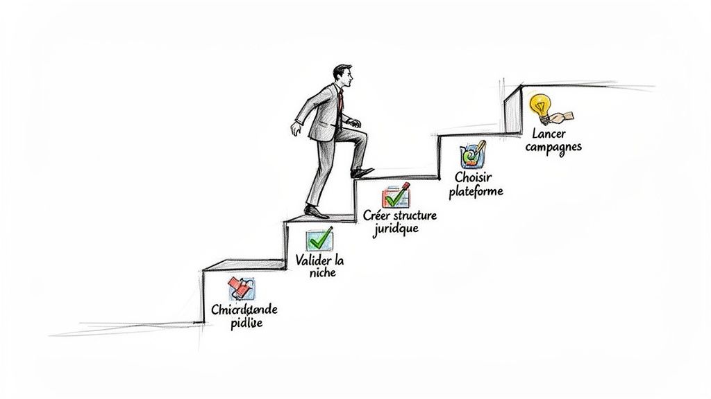 Illustration d'un homme gravissant des marches, représentant les étapes clés pour lancer une entreprise en ligne.