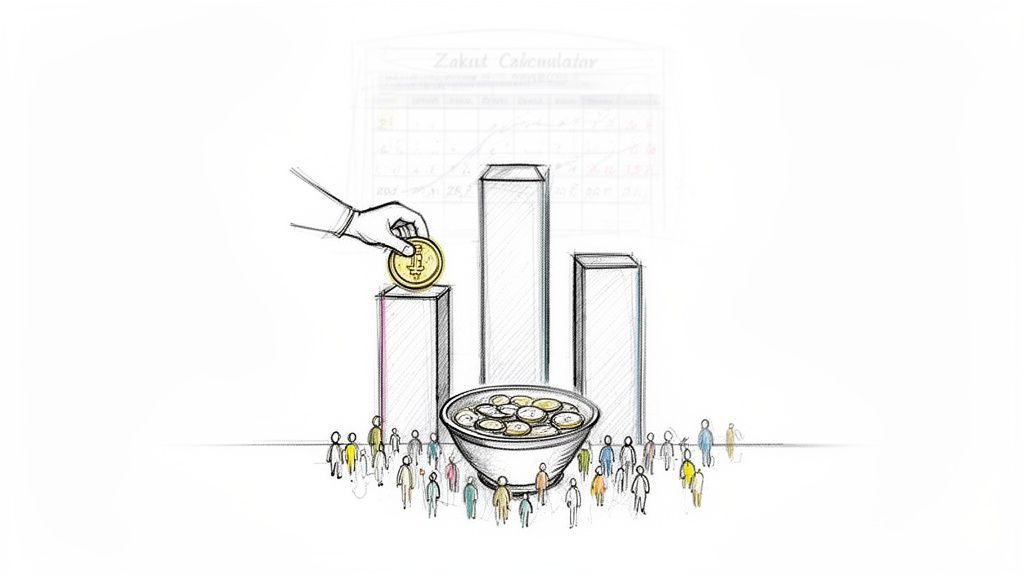 Illustration esquissée d'une main déposant une pièce d'or sur un graphique, avec un bol de pièces et une foule de personnes, symbolisant la Zakat.