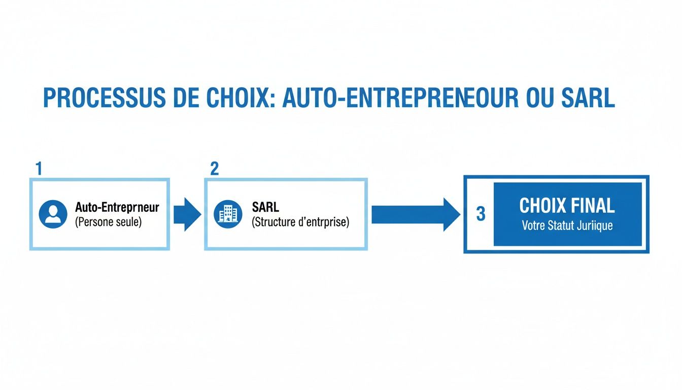 Schéma illustrant le processus de choix entre auto-entrepreneur et SARL pour votre statut juridique d'entreprise.