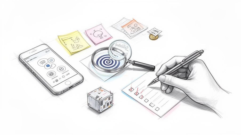 Illustration d'une main cochant des tâches, un smartphone, des notes et une loupe sur une cible, représentant la planification d'un projet.