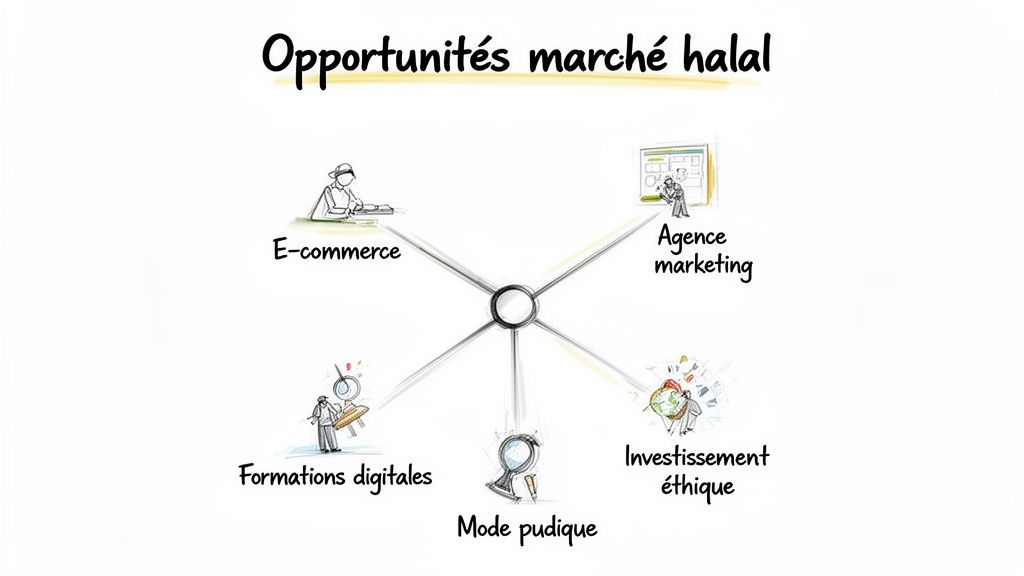 Diagramme illustrant les opportunités du marché halal: e-commerce, agence marketing, investissement éthique, mode pudique et formations digitales.