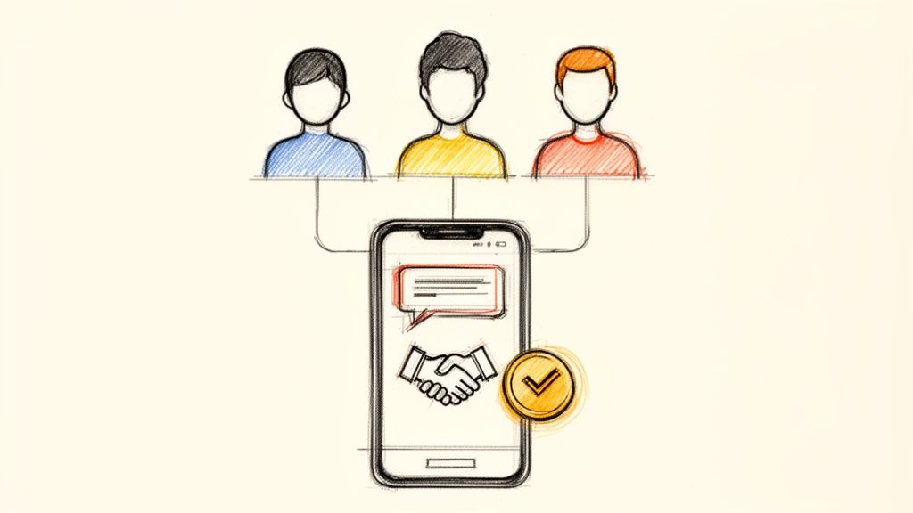 Illustration d'un smartphone connectant trois personnes pour des discussions, un accord et une validation en ligne.