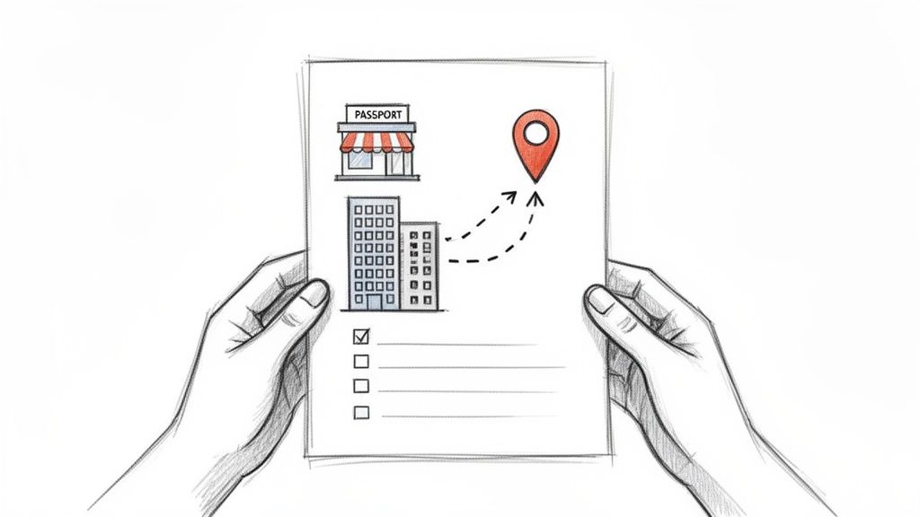 Mains tenant une feuille avec des symboles de bâtiments, passeport, et destination, illustrant une démarche administrative.