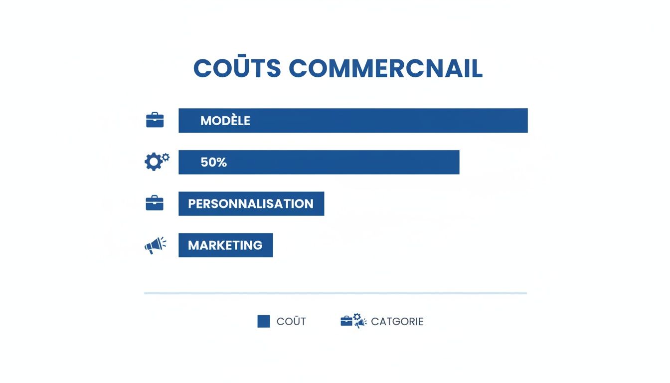 Diagramme à barres affichant les coûts commerciaux pour différentes catégories comme le modèle, la personnalisation et le marketing.