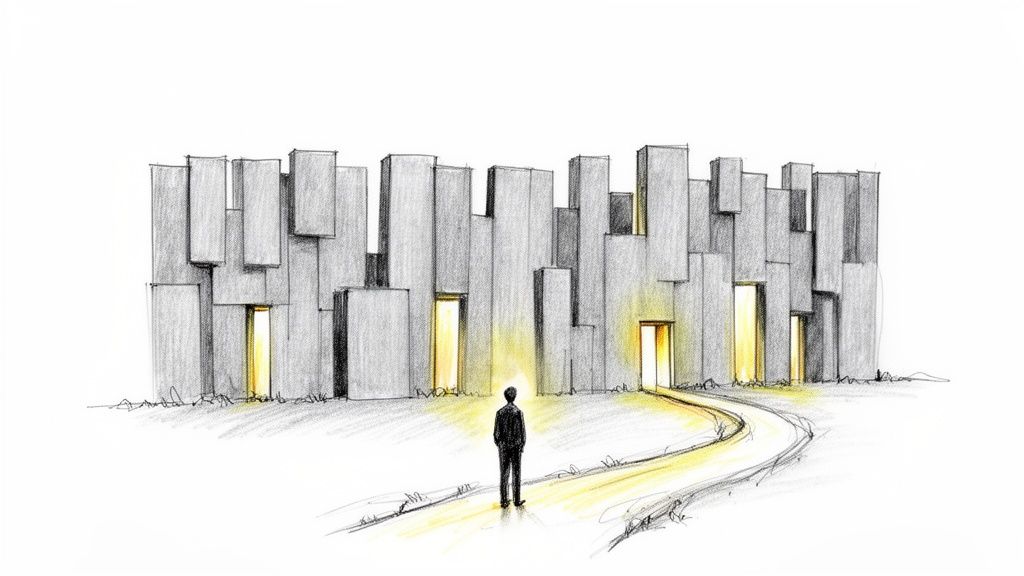 Dessin d'une personne devant des portes lumineuses dans un mur abstrait, symbolisant le choix et les opportunités.