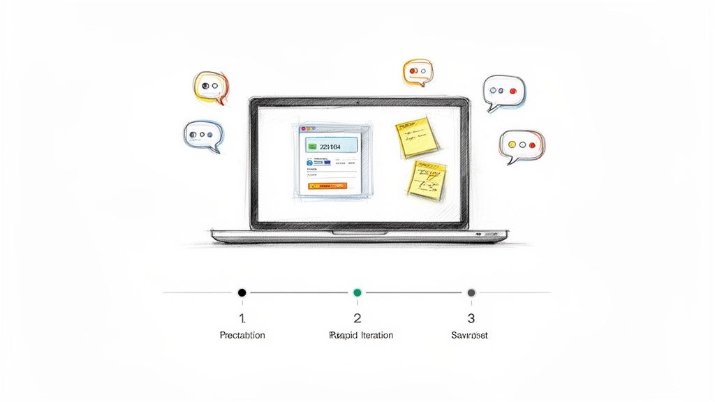 Dessin d'un ordinateur portable affichant une interface utilisateur, des post-it, des bulles de dialogue et une chronologie.