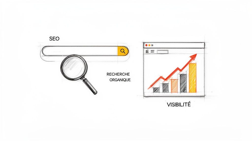 Illustration du SEO, d'une barre de recherche, d'une loupe et d'un graphique de visibilité croissante.