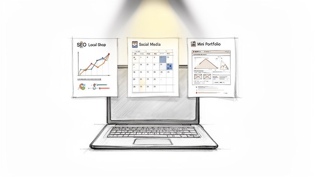 Dessin stylisé d'un ordinateur portable avec des documents flottants représentant le SEO, les réseaux sociaux et un portfolio.