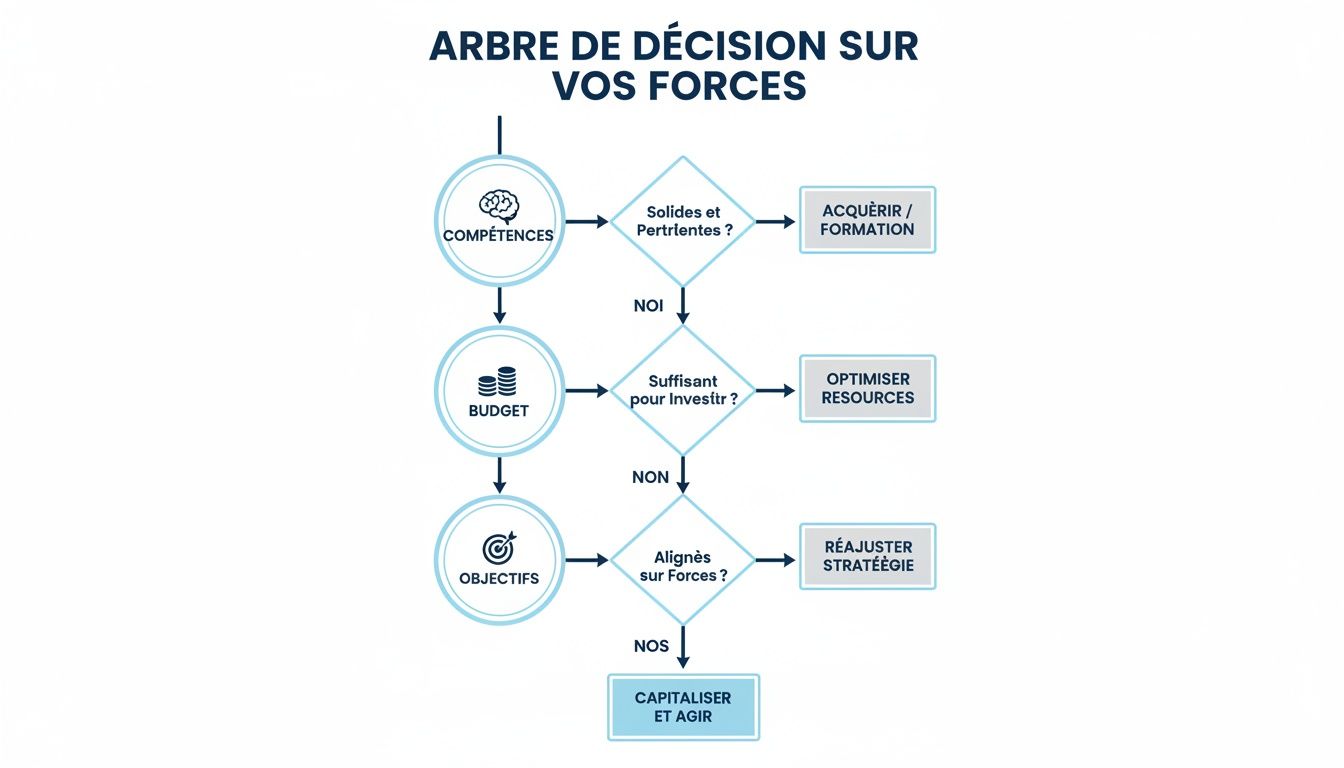 Arbre de décision pour évaluer et optimiser les compétences, le budget et les objectifs stratégiques.