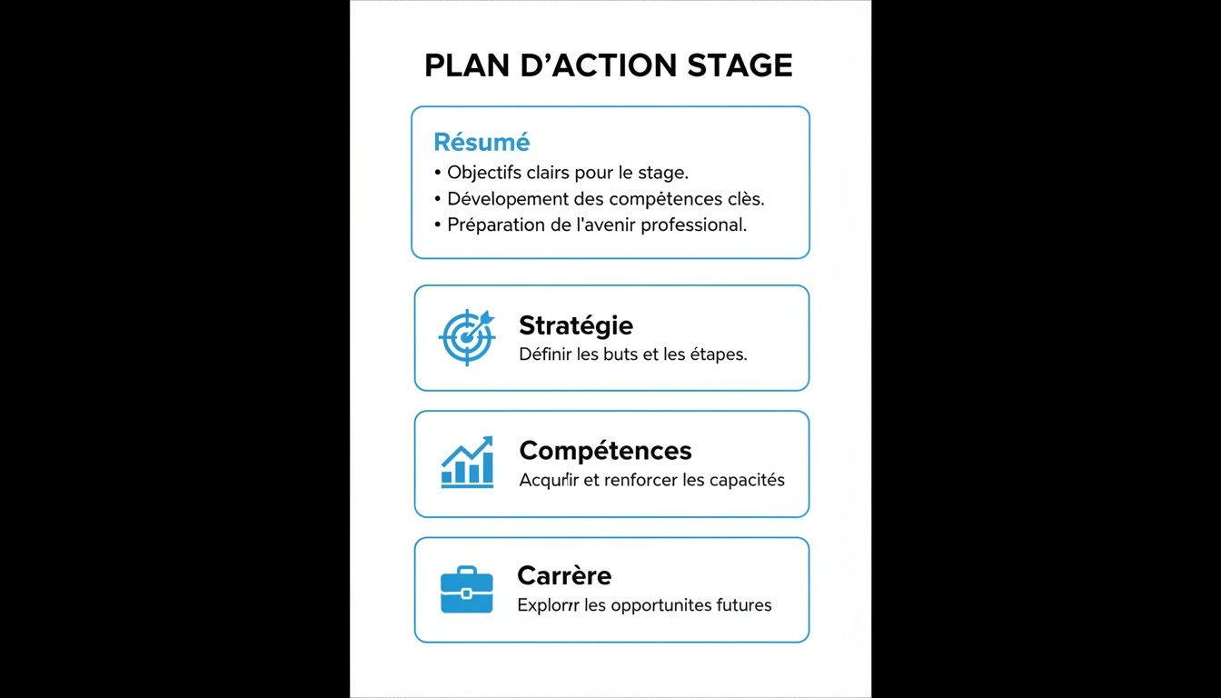 Un plan d'action détaillé pour un stage, décrivant les objectifs, la stratégie, les compétences et la carrière future.