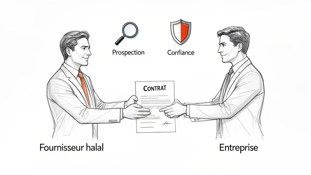 Deux hommes d'affaires échangent un contrat, symbolisant la prospection et la confiance entre un fournisseur halal et une entreprise.