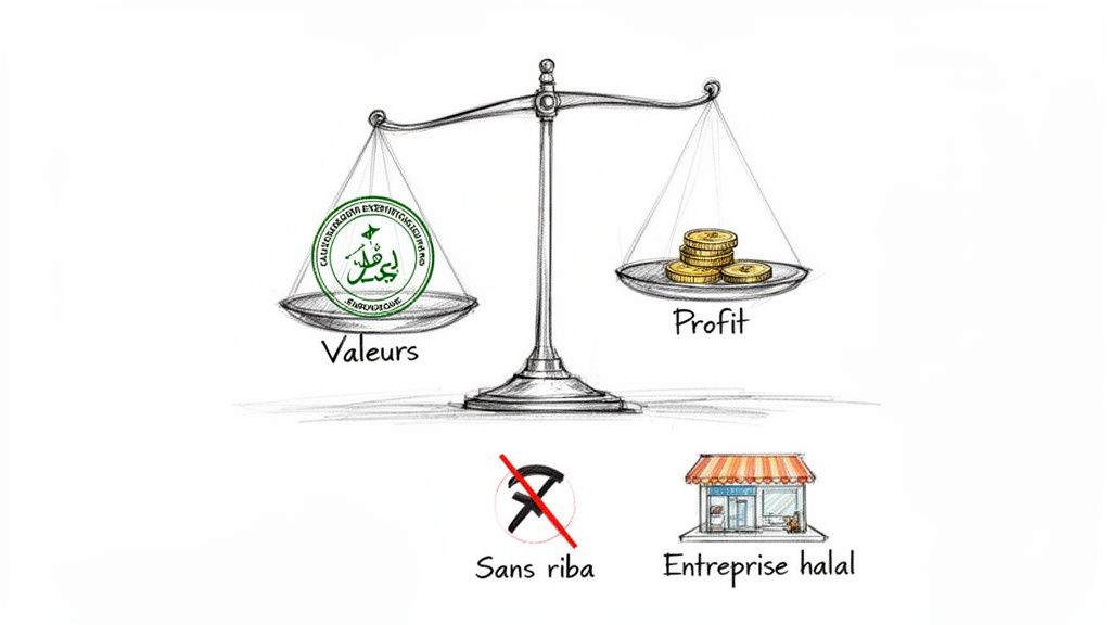 Dessin d'une balance où les valeurs pèsent plus lourd que le profit, symbolisant une entreprise halal sans riba.