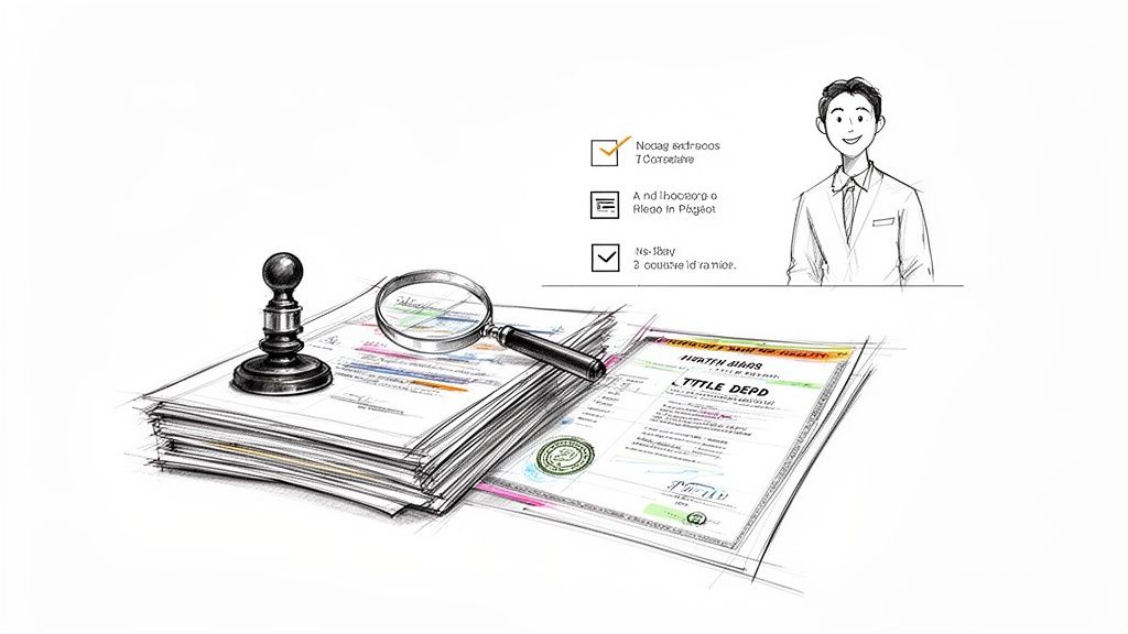 Illustration d'un homme souriant, de documents empilés, d'une loupe et d'une liste de contrôle, suggérant l'examen immobilier.