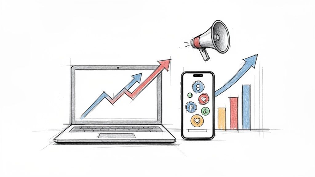 Illustration de marketing digital avec ordinateur, smartphone, mégaphone et graphiques de croissance.