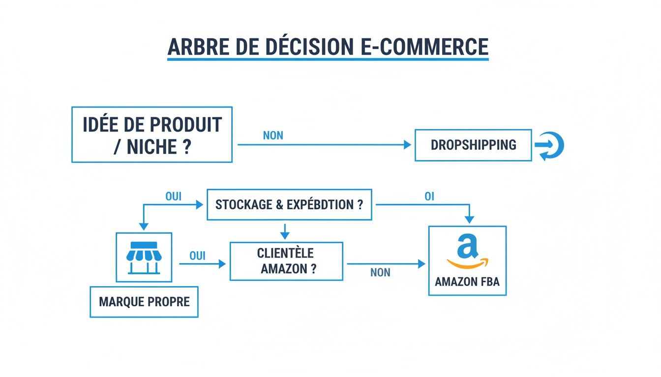 Diagramme décisionnel e-commerce montrant les choix entre dropshipping, marque propre et Amazon FBA selon l'idée de produit, le stockage et la clientèle.