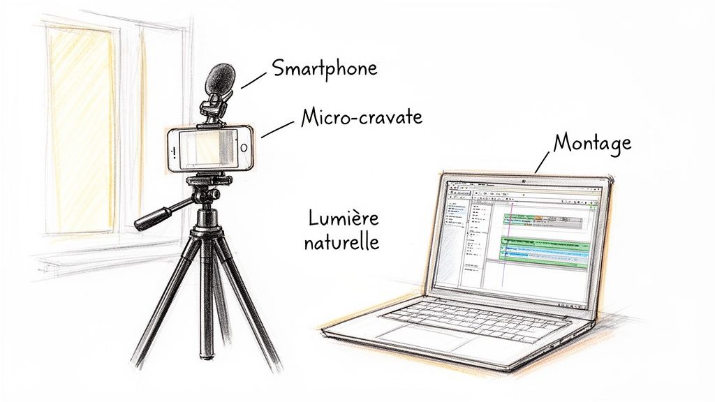 Configuration simple pour la création de contenu vidéo : smartphone, micro, lumière naturelle et montage sur ordinateur portable.