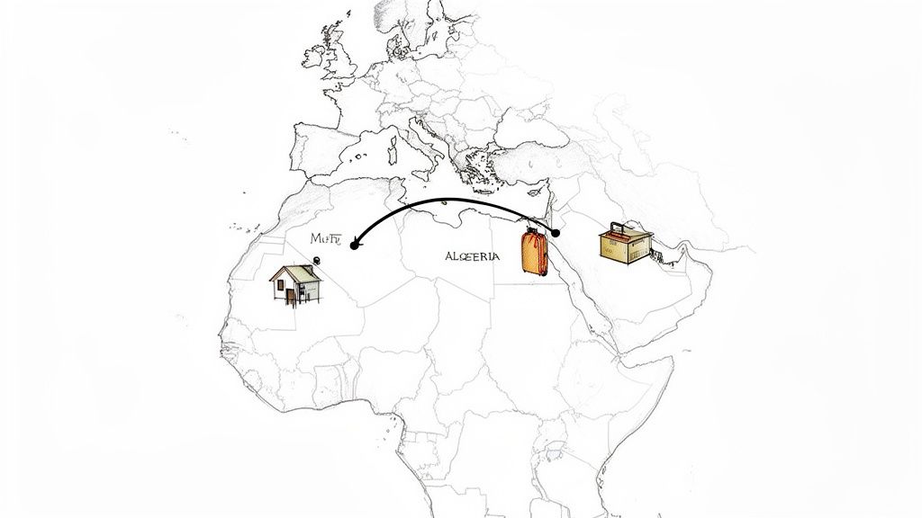 Carte illustrée montrant une route de migration de la péninsule arabique à l'Algérie, puis au Mali, avec des symboles.