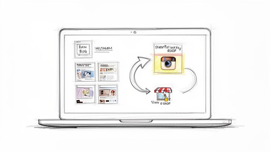 Schéma digital illustrant un flux entre blog, Instagram, caméra et boutique en ligne sur un écran d'ordinateur portable.