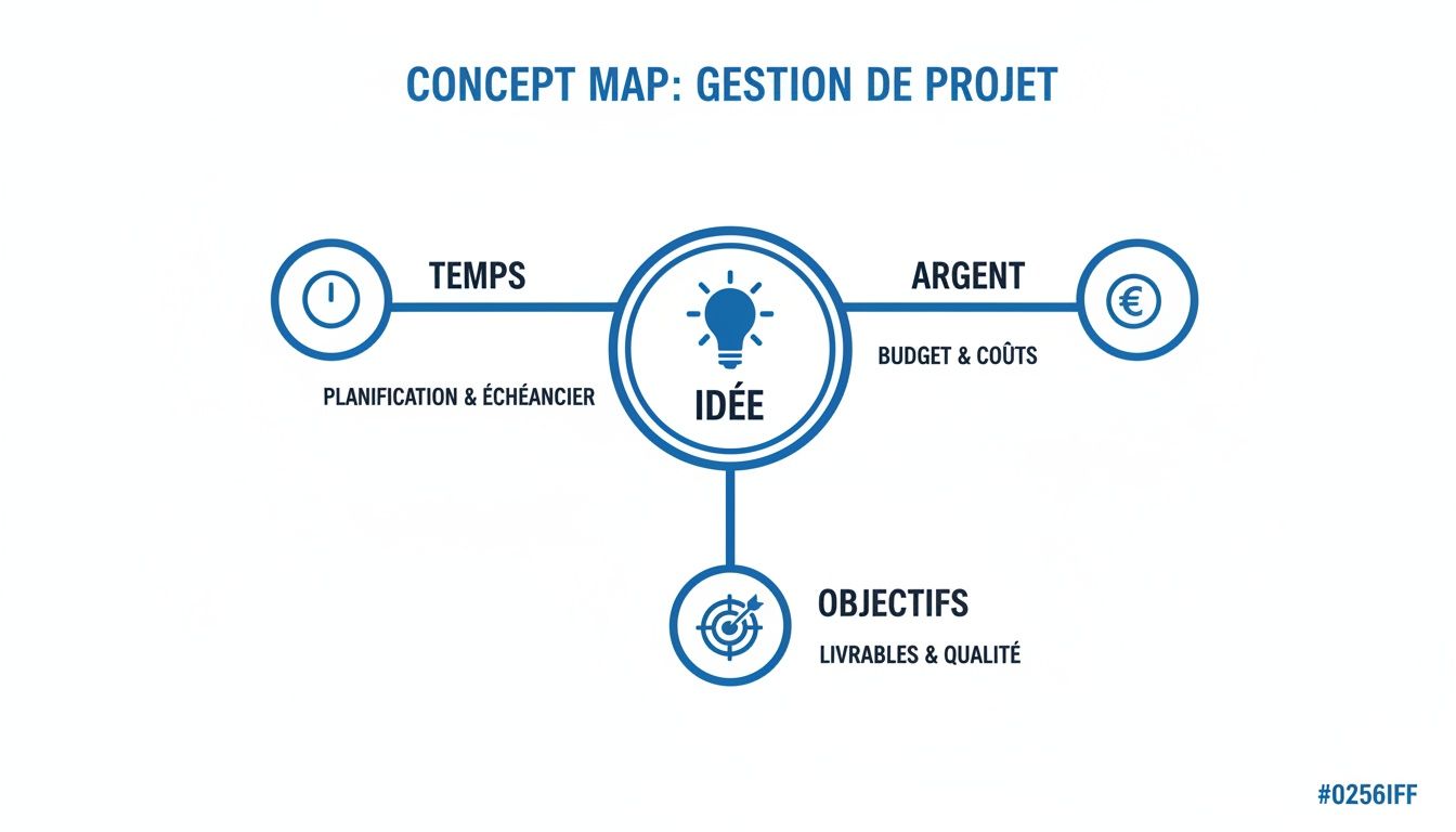 Carte conceptuelle de gestion de projet présentant l'idée centrale, le temps, l'argent et les objectifs.