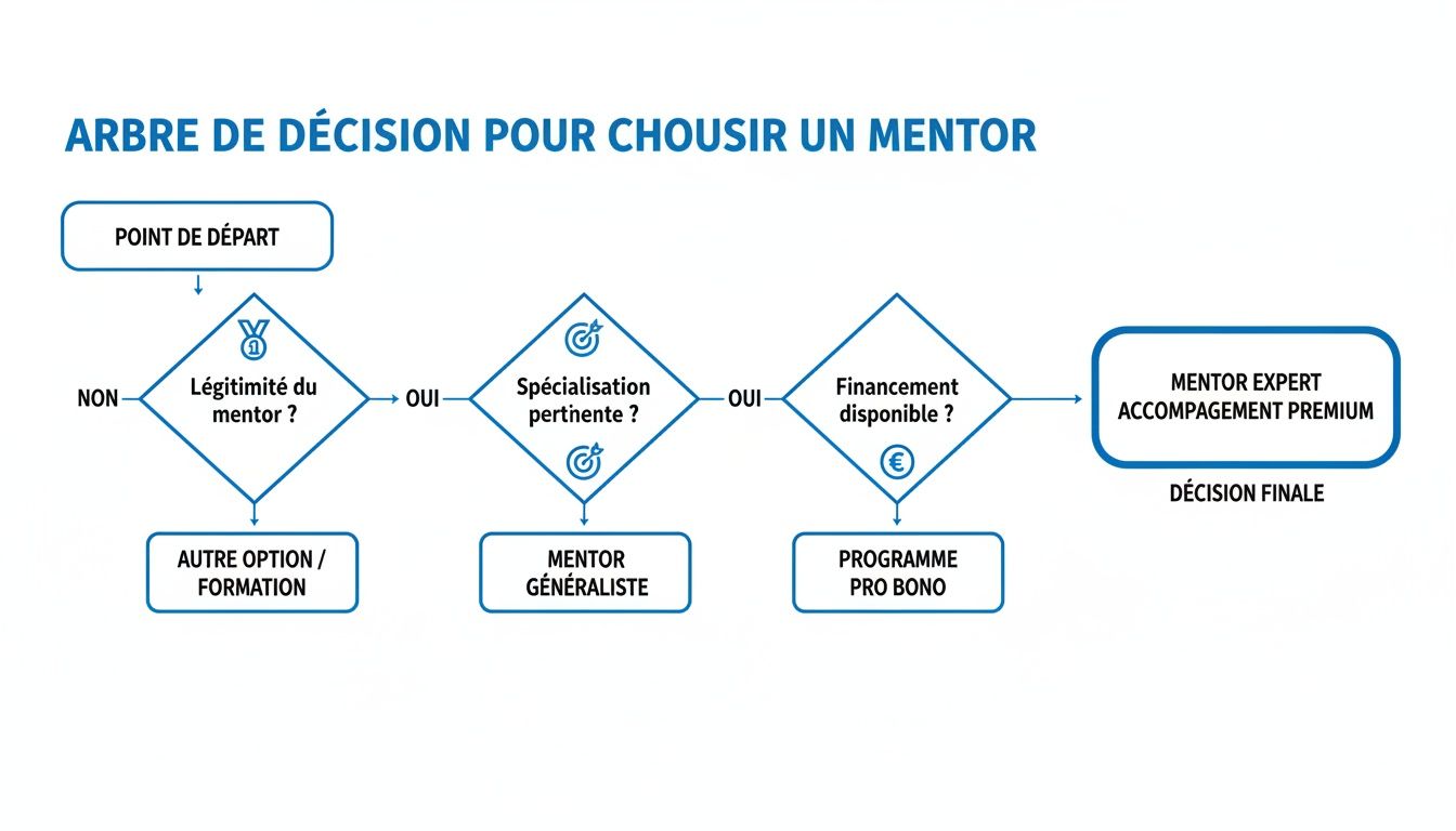 Diagramme de flux interactif pour choisir un mentor, considérant la légitimité, la spécialisation et le financement disponible.