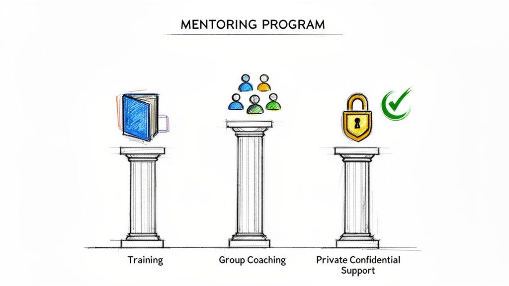 Une illustration des trois piliers d'un programme de mentorat : formation, coaching de groupe et soutien confidentiel privé.